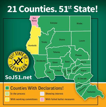 The California counties looking to break off and form the State of Jefferson. From SoJ51.net