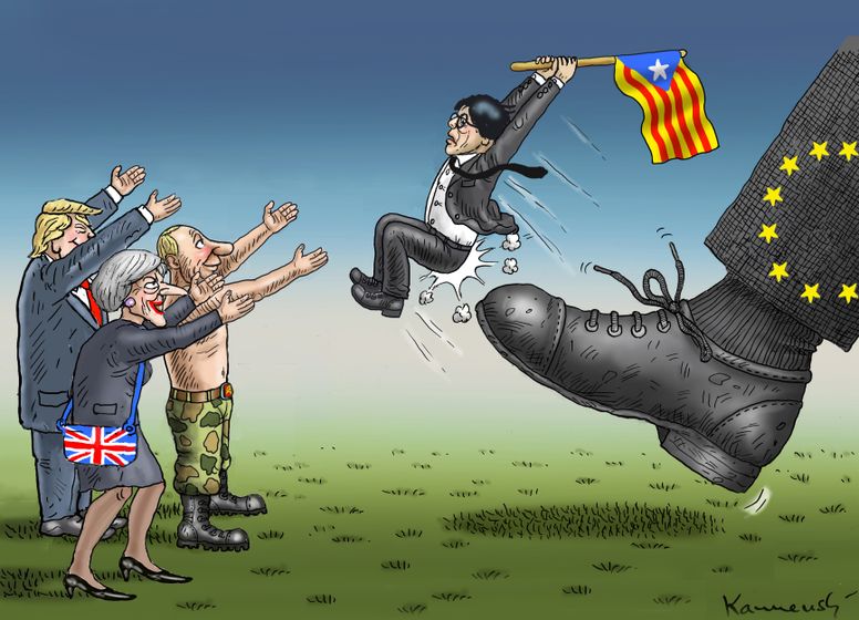 Media has exaggerated connections between the Catalan independence movement and other dramatic EU-related political events. Photo credit: www.cartoonmovement.com