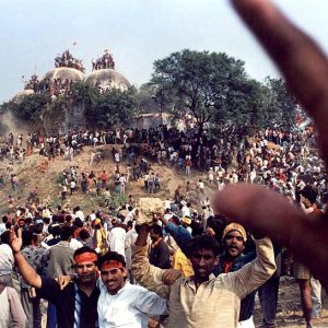 Hindu nationalist volunteers celebrating during the demolition. Source: Outlook India
