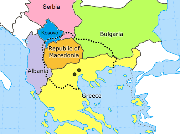 Modern day separation of Greece and Macedonia. Source: Wikimedia Commons