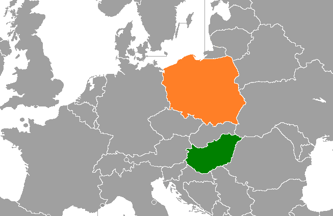 Hungary (green) and Poland (orange) in relation to each other geographically. Source: Wikimedia Commons 