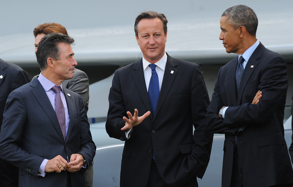 (From left to right) Anders Fogh Rasmussen, former British Prime Minister David Cameron, and former US President Barack Obama at the 2014 NATO Summit. Credit: Zimbio