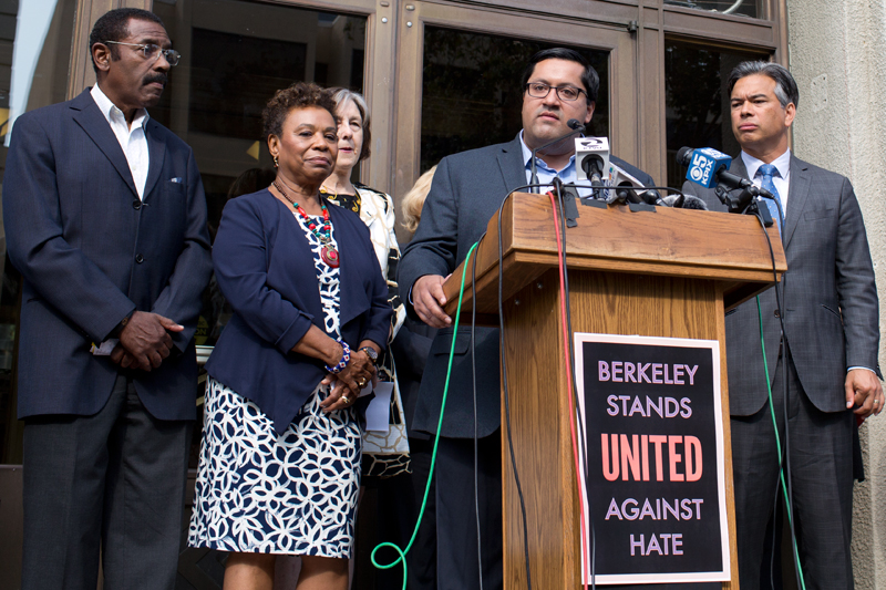Berkeley Mayor Jesse Arreguín unveils his “United Against Hate” campaign in August 2017, flanked by Congresswoman Barbara Lee (D-CA). Source: Berkeleyside