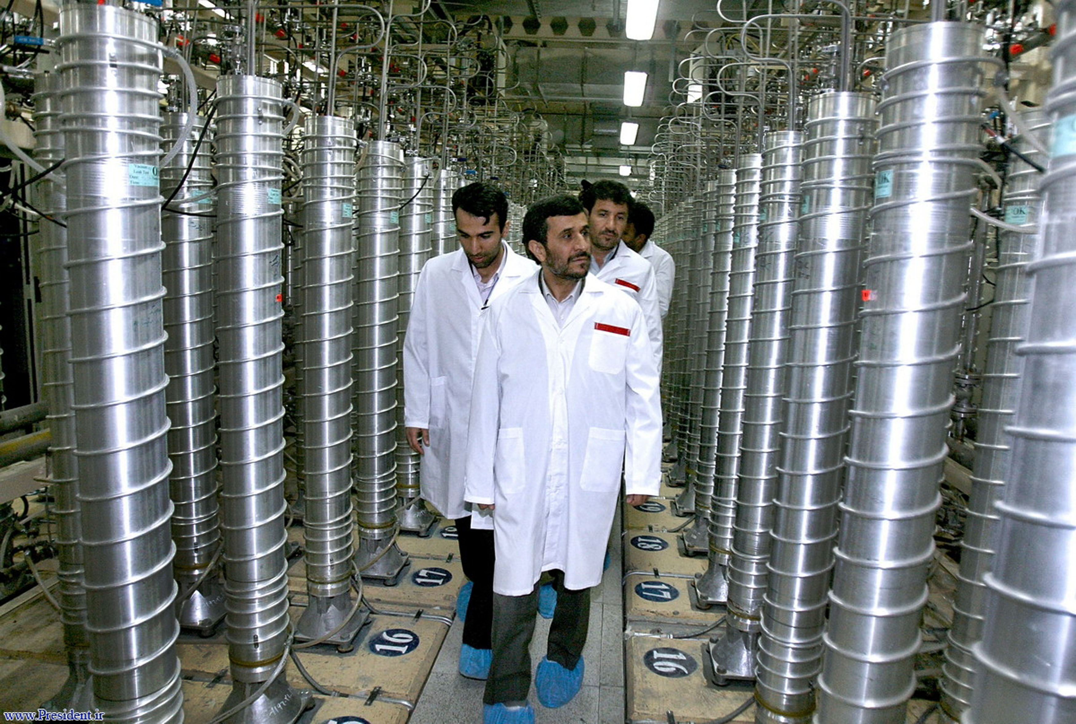 Former Iranian President Mahmoud Ahmadinejad tours the centrifuge facility at Natanz in 2008.