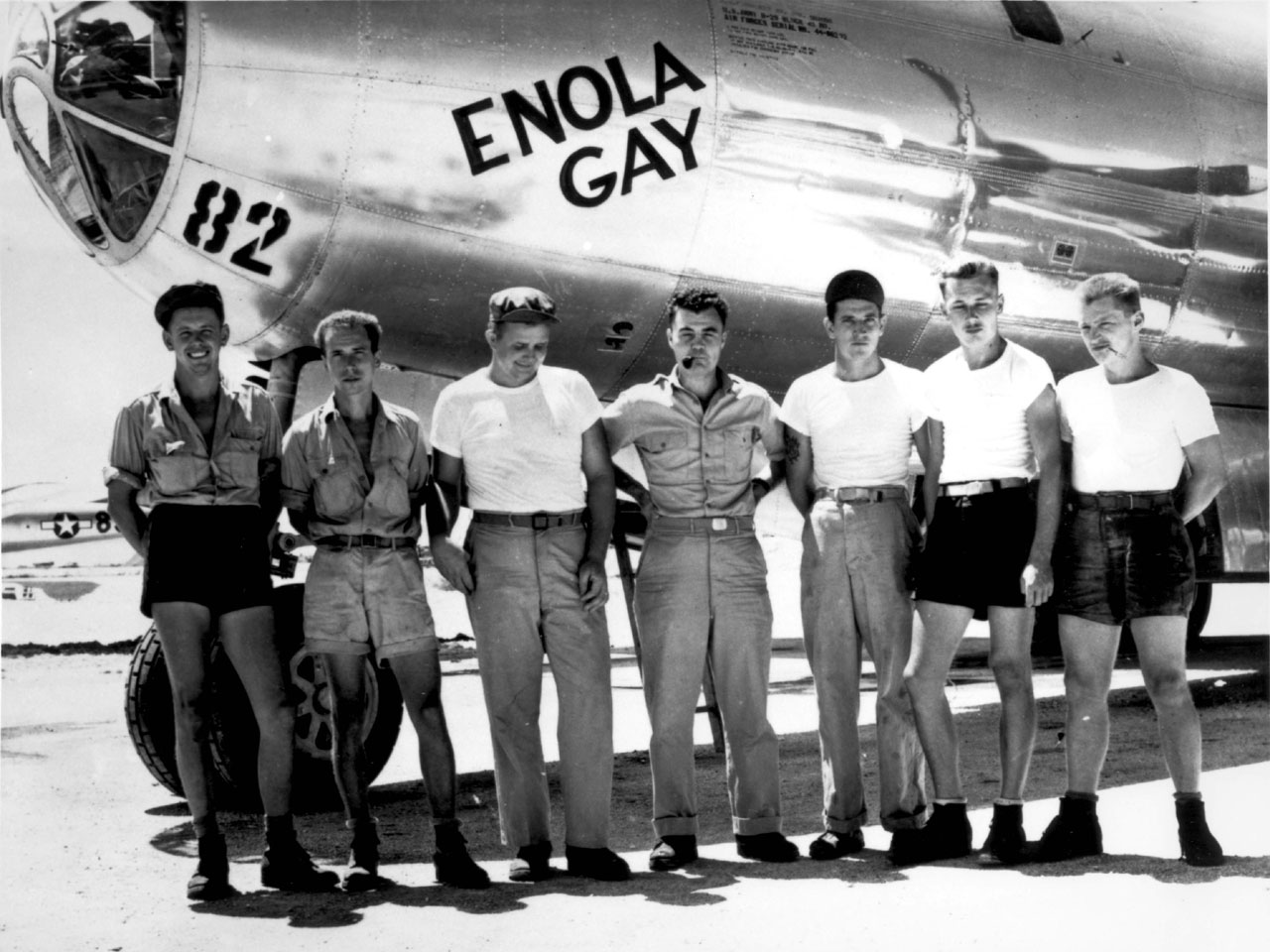 The crew of the Enloa Gay, who dropped the first atomic bomb on Hiroshima in 1945.
