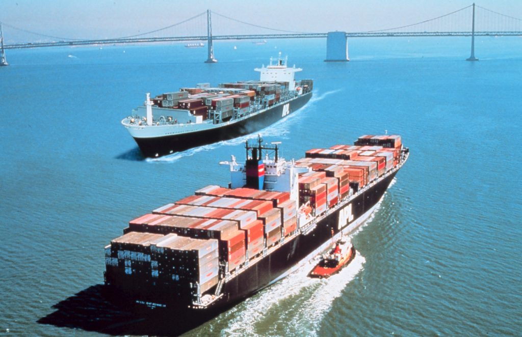 Two cargo ships in San Francisco Bay.