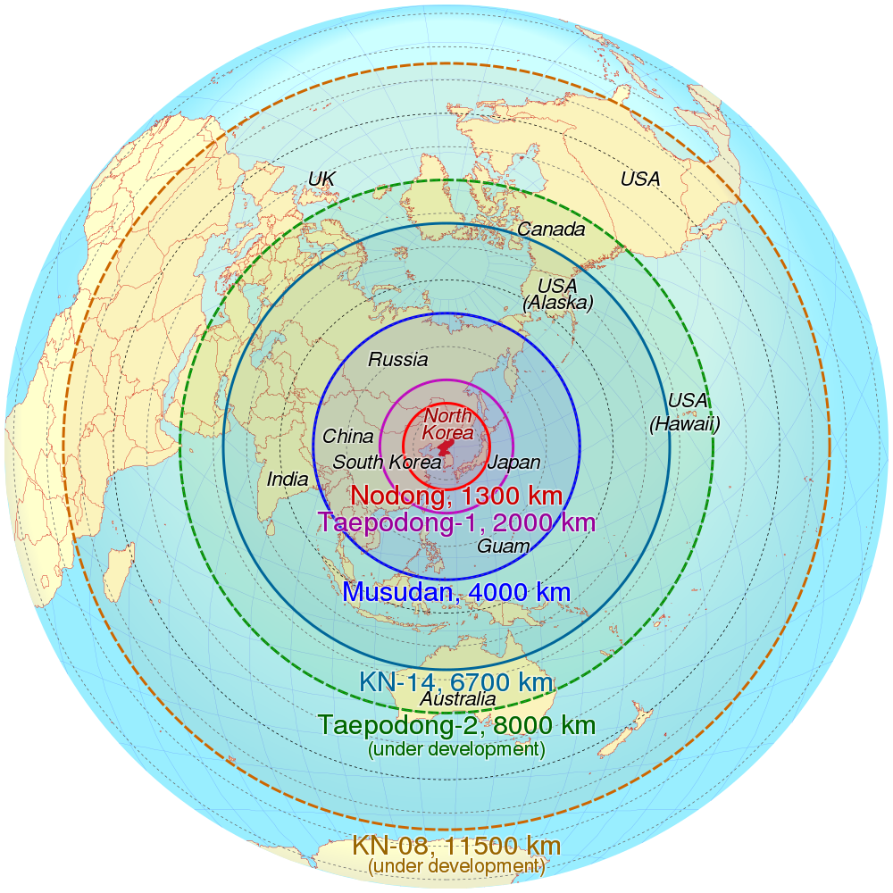 Current and future North Korean missile technology and their ranges. Source: Wikimedia Commons