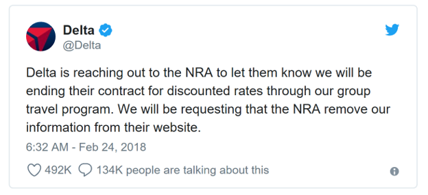 Figure 1: Delta’s tweet indicating its new anti-NRA policy.
